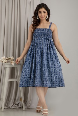 COTTON MULMUL STORE Women Ethnic Dress Blue, White Dress