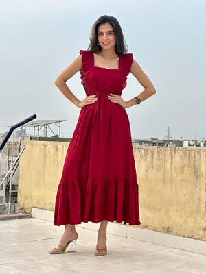 AF Ankita Fashion Women A-line Red Midi/Calf Length Dress