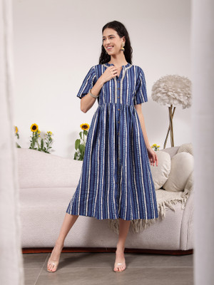 Zelena Women A-line Blue Midi/Calf Length Dress