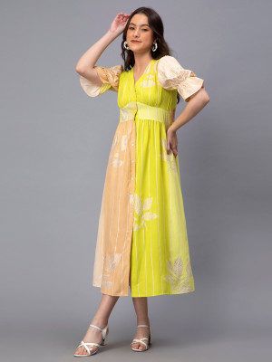 DRAPE AND DAZZLE Women A-line Light Green, Beige, White Midi/Calf Length Dress
