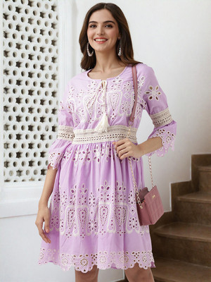 Ishin Women Fit and Flare Pink Knee Length Dress
