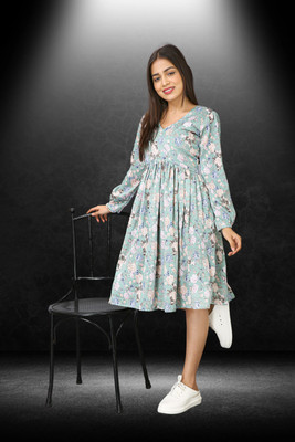 HOC's Women Empire Waist White Knee Length Dress