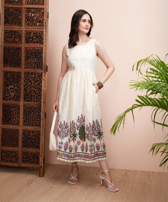 Vishudh Women Fit and Flare White Midi/Calf Length Dress