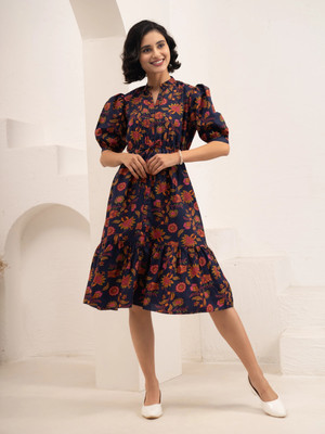 AASK Women Fit and Flare Multicolor Midi/Calf Length Dress