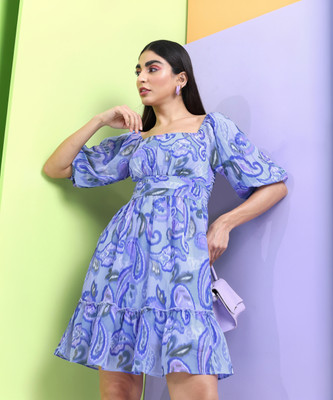 Tokyo Talkies Women Skater Light Blue, Grey Above Knee/Mid Thigh Length Dress