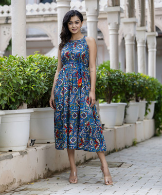 Demirner Women Fit and Flare Blue Midi/Calf Length Dress