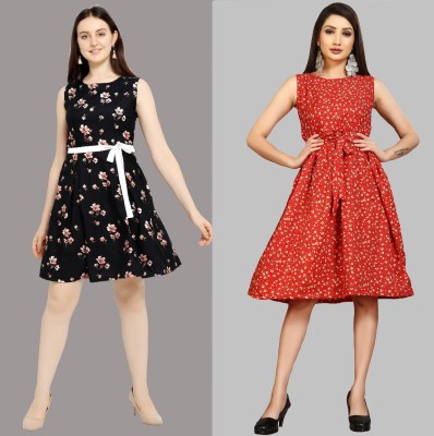 maruti fab Women Fit and Flare Black, Red Dress