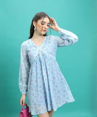 Tokyo Talkies Women Gathered Blue Above Knee/Mid Thigh Length Dress