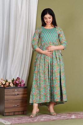 Gujari Women Fit and Flare Green, Multicolor Midi/Calf Length Dress