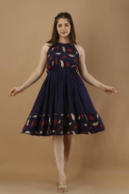 GLAMALUE Women Skater Dark Blue, Maroon, Gold Knee Length Dress