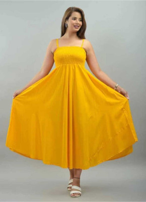 SHRIVASTRAM Women Fit and Flare Yellow Midi/Calf Length Dress