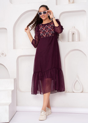 Highlight fashion export Women Fit and Flare Maroon Midi/Calf Length Dress