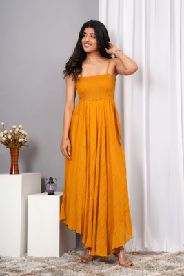 IQRAAR Women Fit and Flare Yellow Maxi/Full Length Dress