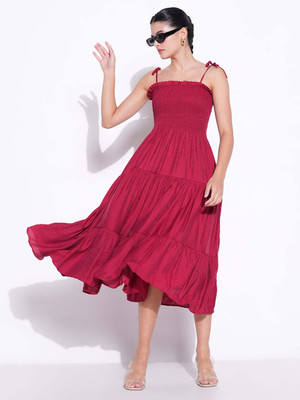 SHOWOFFFF Women Fit and Flare Red Midi/Calf Length Dress