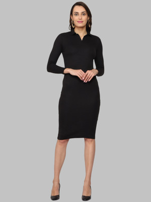 entellus Women Bodycon Black Knee Length Dress
