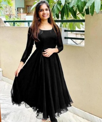 indofly Women Solid Anarkali Kurta(Black)