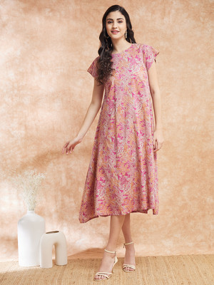 InWeave Women A-line Pink, Beige, Orange Midi/Calf Length Dress