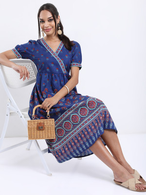 VISHUDH NEW Women Fit and Flare Blue, Grey, Red Midi/Calf Length Dress