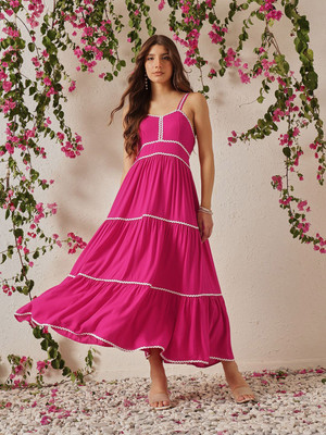 Roadster Women Fit and Flare Pink Maxi/Full Length Dress
