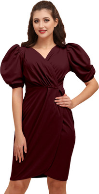 A To Z Cart Women Wrap Maroon Above Knee/Mid Thigh Length Dress