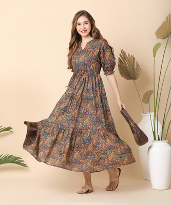 Globus Women Fit and Flare Multicolor Maxi/Full Length Dress