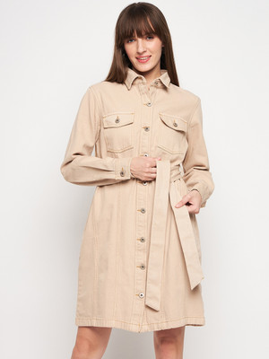 MADAME Women A-line Beige Mini/Short Dress