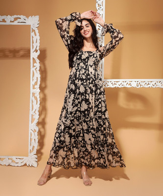 DRAPE AND DAZZLE Women Fit and Flare Black, Beige Midi/Calf Length Dress