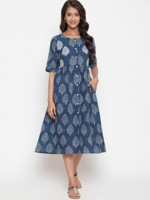 SAVI Women Fit and Flare Blue Midi/Calf Length Dress