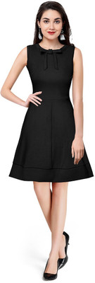 HEER FASHION Women Fit and Flare Black Knee Length Dress