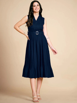 TextileNow Women Pleated Dark Blue Midi/Calf Length Dress