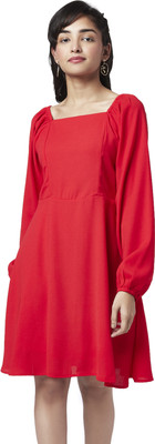 YU by Pantaloons Women Fit and Flare Maroon Above Knee/Mid Thigh Length Dress