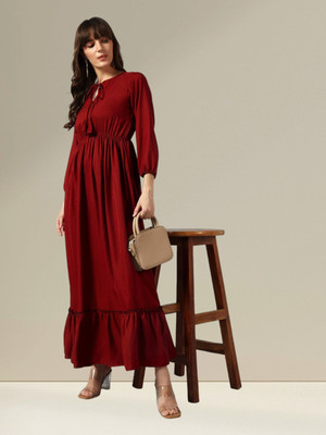 Krunal Raiyani Women Fit and Flare Maroon Maxi/Full Length Dress