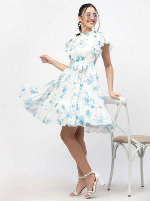 KAVATHIYA Women Fit and Flare White Above Knee/Mid Thigh Length Dress