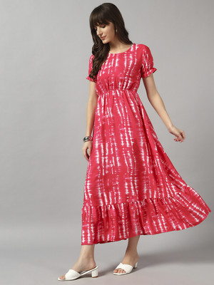 Femvy Women Printed Ethnic Dress Kurta(Pink)