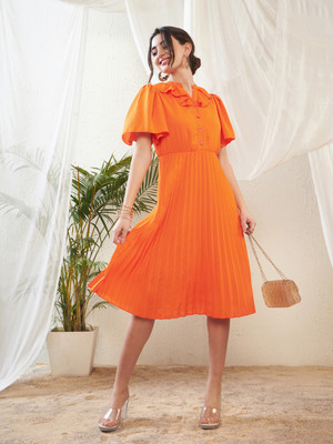 SASSAFRAS Women A-line Orange Midi/Calf Length Dress