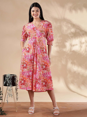 ANOUK Women Fit and Flare Pink Maxi/Full Length Dress