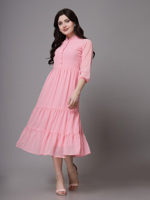 AAYU Women Fit and Flare Pink Midi/Calf Length Dress