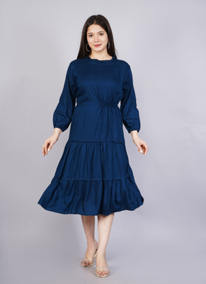 METRONAUT Women Fit and Flare Blue Below Knee Dress