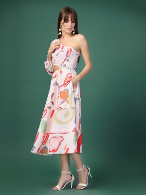 Oomph! Women Asymmetric White, Multicolor Dress