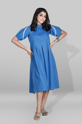 HOMDRAI Women Fit and Flare Light Blue Knee Length Dress