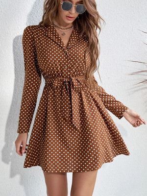 ELCHIC Women A-line Brown Above Knee/Mid Thigh Length Dress