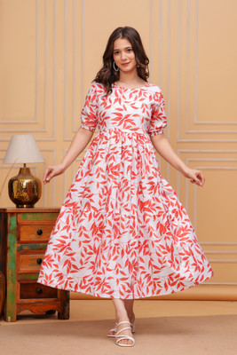 Fashion Unstoppable Women Fit and Flare White, Orange Midi/Calf Length Dress