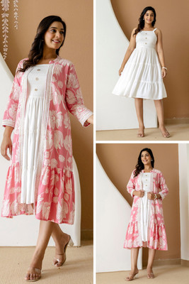 NG Fashion Women Fit and Flare White, Pink Midi/Calf Length Dress