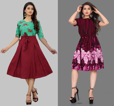 tanvi creation Women Fit and Flare Multicolor Midi/Calf Length Dress