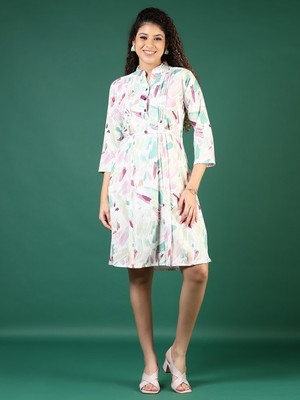 V-MART Women A-line White Above Knee/Mid Thigh Length Dress