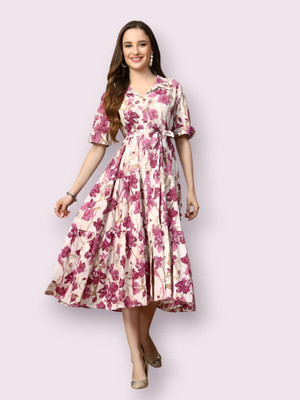 HouseOfCommon Women Fit and Flare White Midi/Calf Length Dress