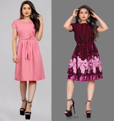 Hiral Creation Women Fit and Flare Pink Knee Length Dress