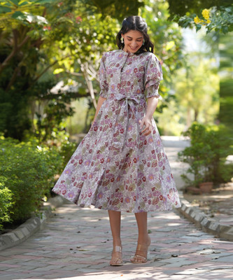 Janasya Women Fit and Flare Grey Midi/Calf Length Dress