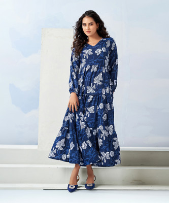 Selvia Women A-line Blue Midi/Calf Length Dress