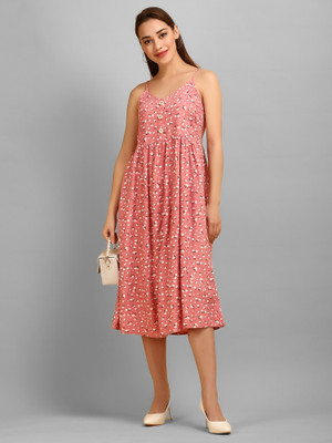 vechii Women Fit and Flare Pink Midi/Calf Length Dress